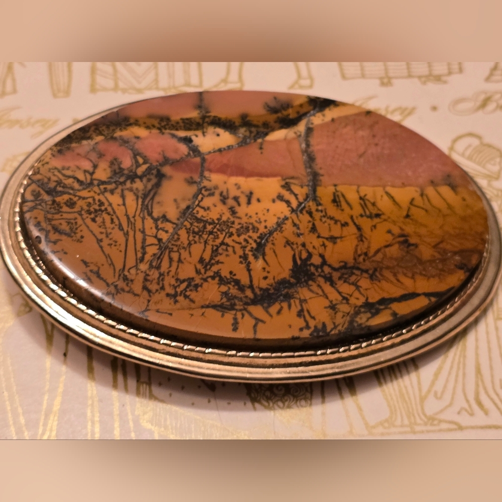 Belt Buckle Picture Jasper Goldtone Southwest Dendritic Signed Corky 1982